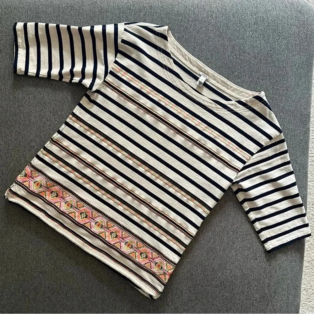 J. Crew Striped Embroidered 1/2 Sleeve Top Small